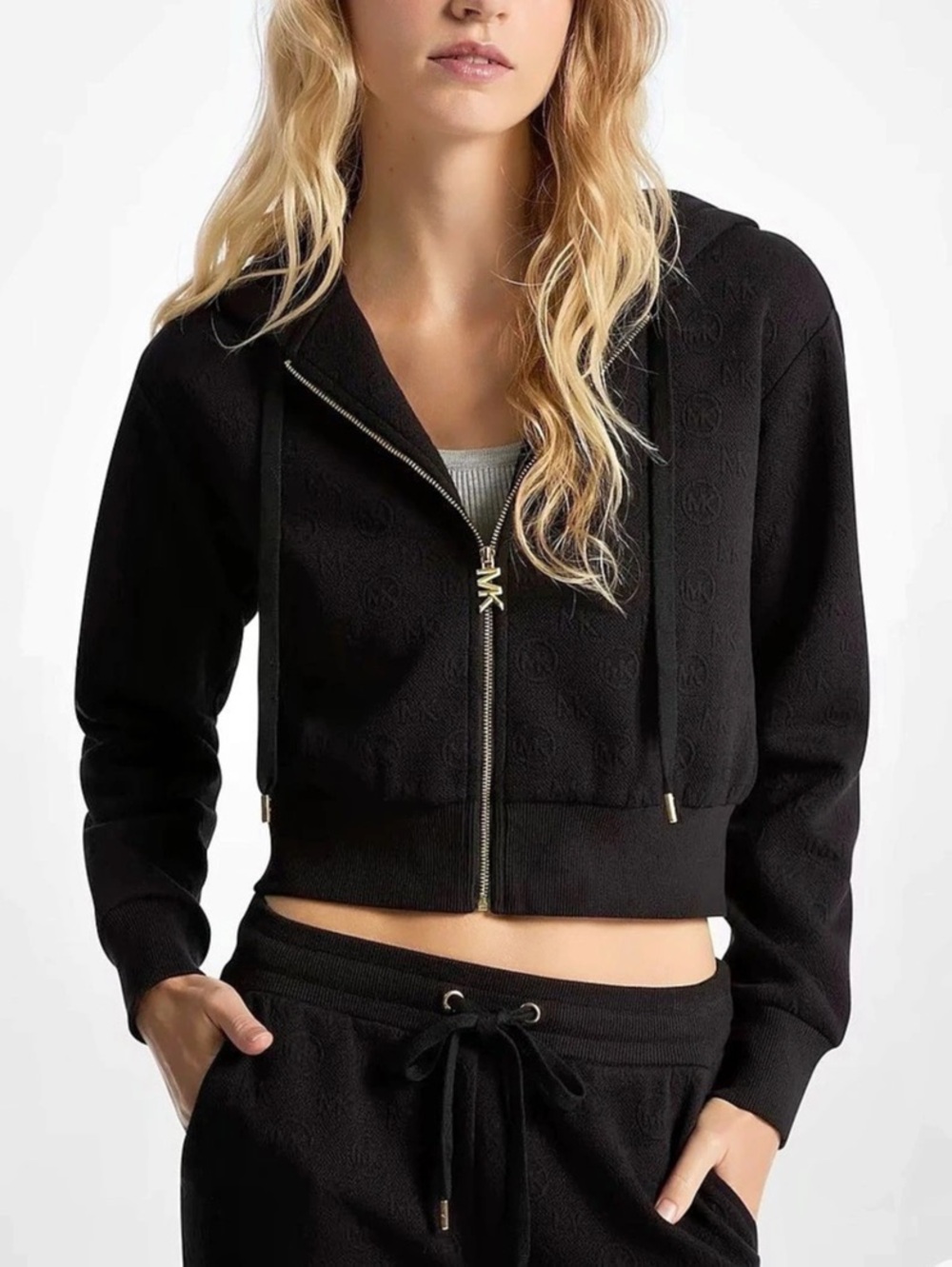 Michael Kors Logo Jacquard Charm Cropped Zip-Up Hoodie - Black